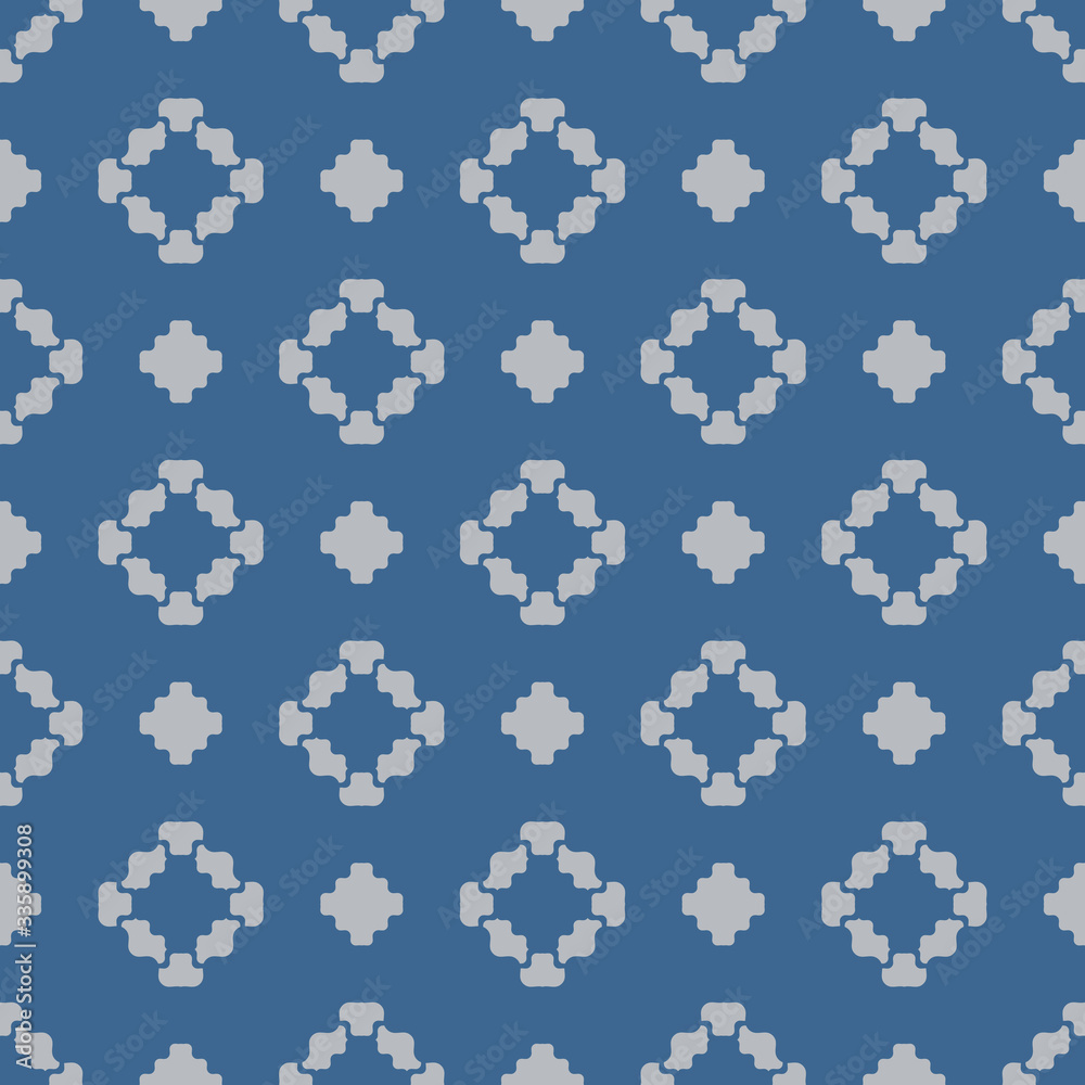 Vector floral geometric seamless pattern. Simple ornament with abstract flower silhouettes, curved shapes, crosses. Elegant minimal background. Modern blue and gray texture. Repeat decorative design Vector floral geometric seamless pattern. Simple ornament with abstract flower silhouettes, curved shapes, crosses. Elegant minimal background. Modern blue and gray texture. Repeat decorative design