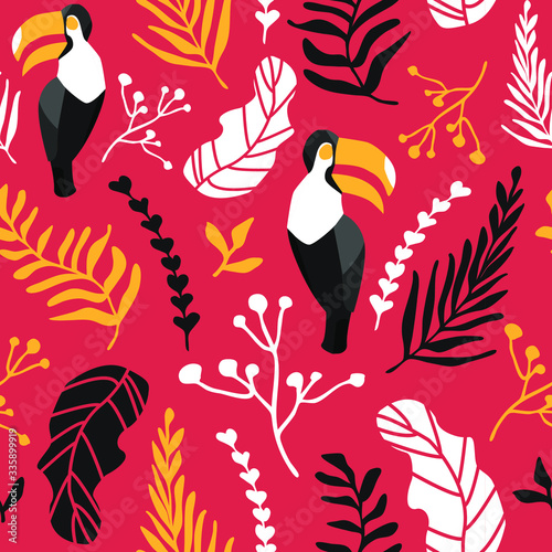 Photographie Vector seamless pattern with tropical leaves and toucan on pink background