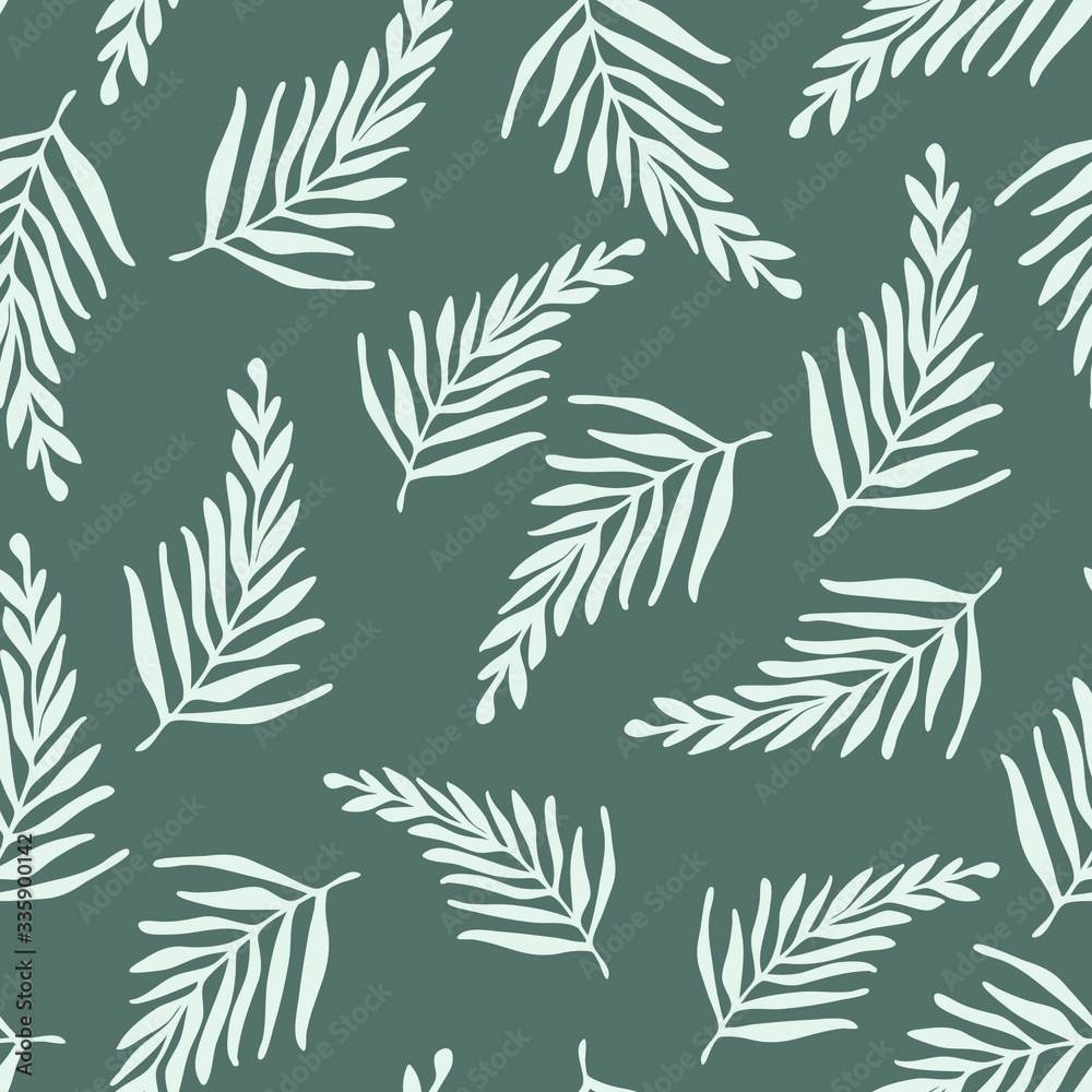 Vector seamless floral pattern with white tropical leaves on the grey background. Cartoon, flat style. For textile design, cover, wallpaper, package design. Modern minimalistic texture.