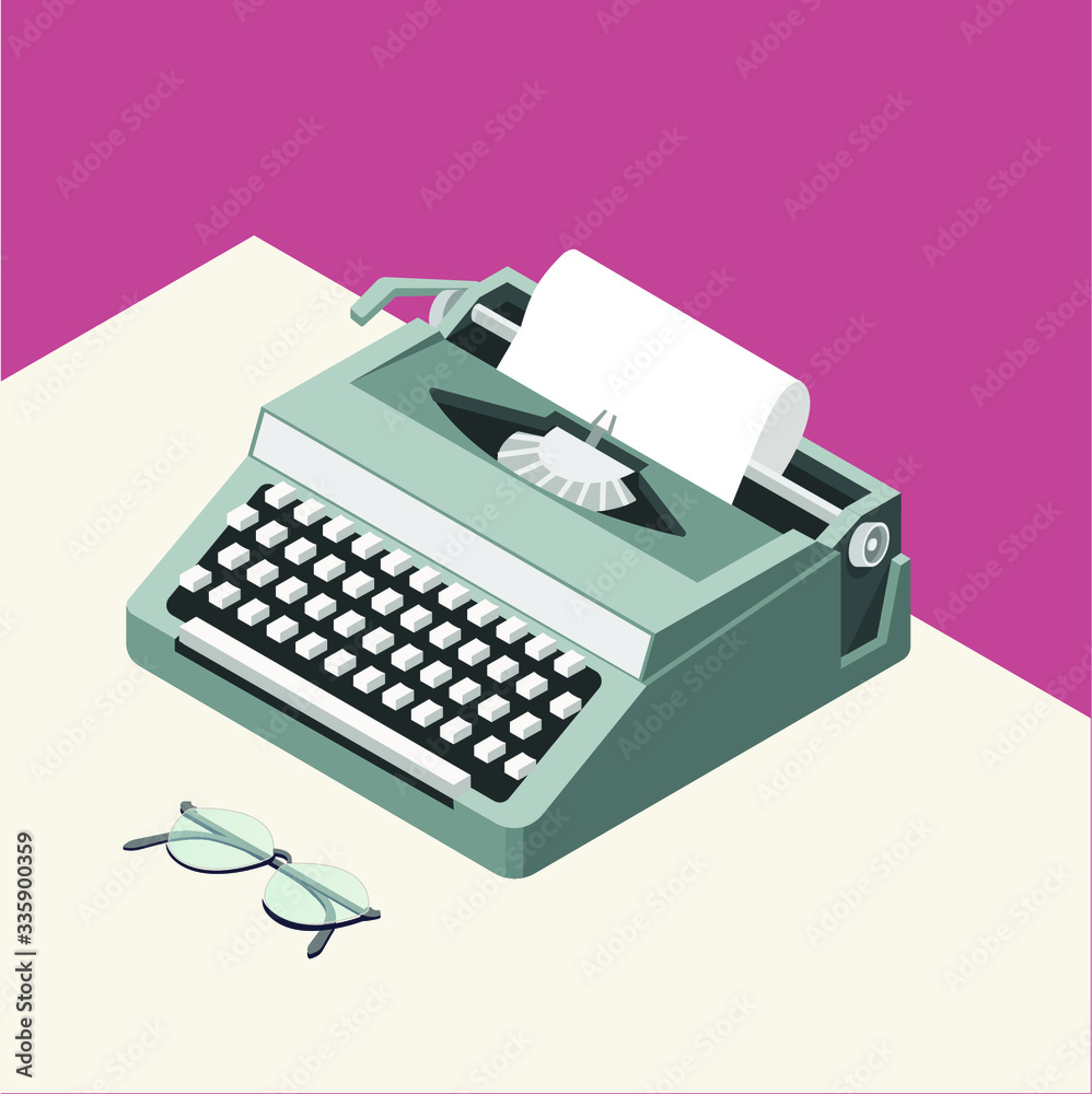 Vector isometric illustration with gray typewriter and glasses, on the white table, on the pink background. Modern writer. 3D illustration. Flat design. Work place. All elements are isolated.