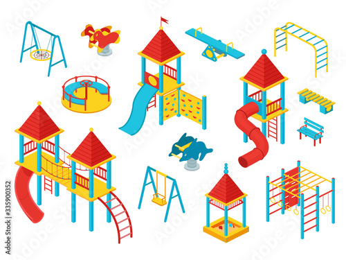 Kids playground isometric set, vector illustration isolated on white. Play space constructor for children with slides, playhouses, carousels, swings and ladders. Colorful outdoors equipment.