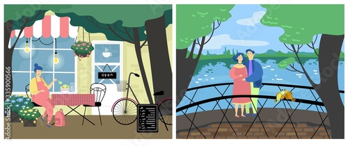 Pregnant woman activity vector illustration. Cartoon flat beautiful expectant mother character eat healthy food dessert in cafe interior, happy couple walk in city park, active people pregnancy set
