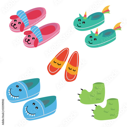 Set of children pajama slippers. Pajama party. Vector editable illustration