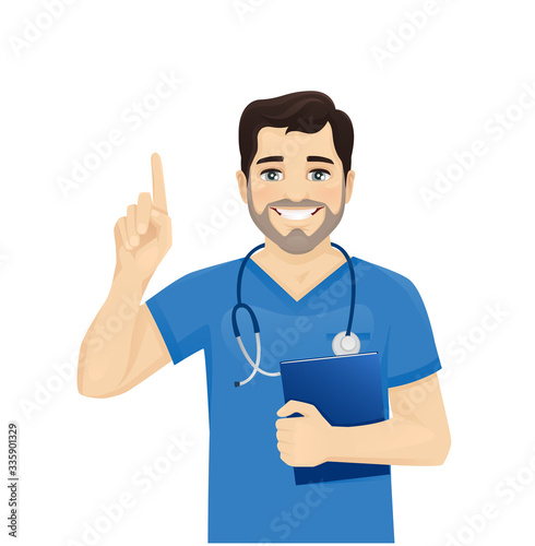 Male nurse character pointing finger up isolated vector illustartion