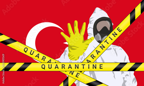 Illustration vector graphic of image man wearing hazmat suits to prevent Coronavirus and diseases on Turkey flag background. Vector of yellow quarantine tape. Concept of covid-19 quarantine.