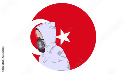 Illustration graphic of image man wearing hazmat suits to prevent Coronavirus and diseases on round Turkey flag background. Wuhan virus disease. Vector EPS10. covid-19.