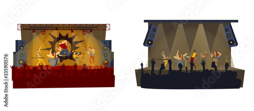 Rock band concert vector illustration. Cartoon rocker, man woman music rockstar with microphone, singer singing on stage, flat musician character perform to people fan audience set isolated on white