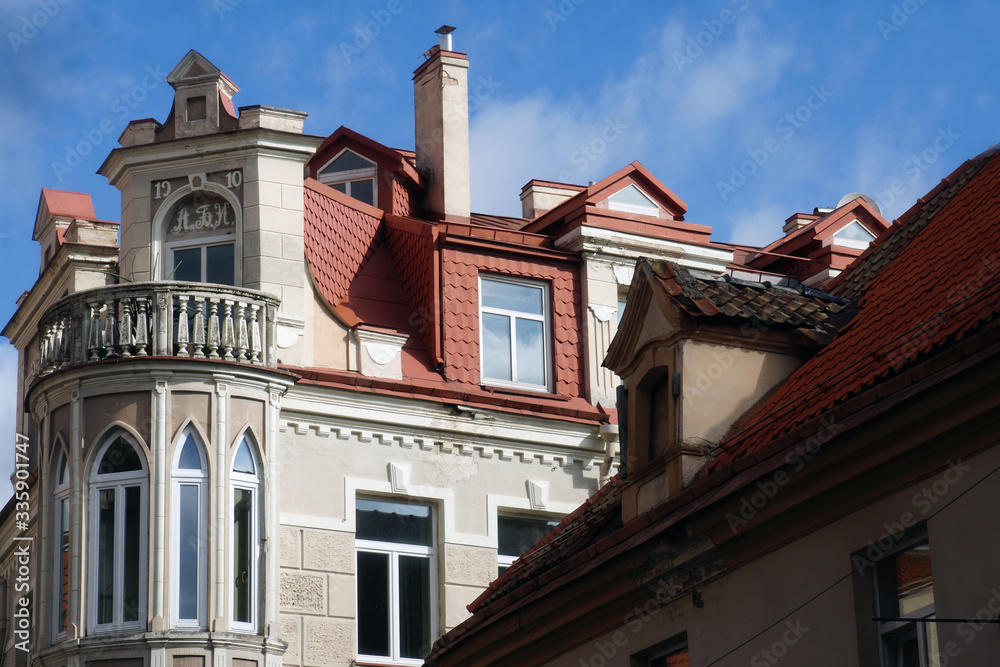 Facade of old house on Pilies street in Vilnius, Lithuania