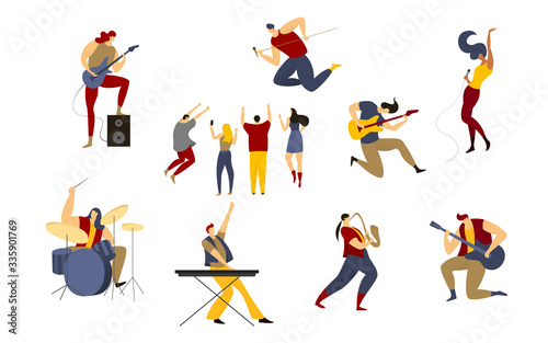 Rock band vector illustration. Cartoon rocker  man woman rockstar singer on stage of music live concert party  flat musician character with bass guitar or drums  people fan group set isolated on white