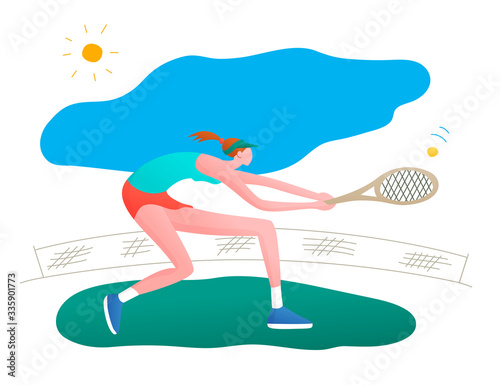 Girl playing tennis. Vector illustration in a flat style. Isolated on a white background. Sports concept.