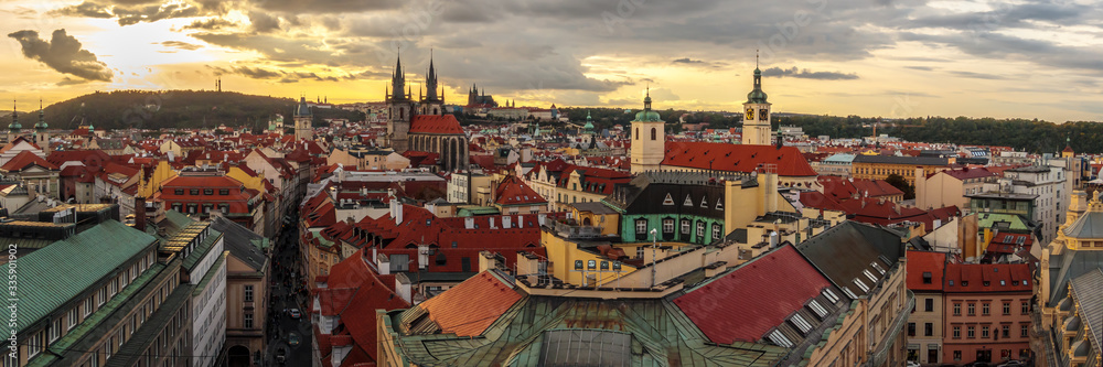 Panoramic View from the Powder Town, Old Square, Prague, across the rooftops to the Our Lady of Tyn Church in the distance.