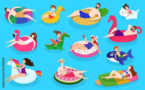 People swim pool colorful rubber rings, vector illustration, set of characters isolated on blue. Men, women and kids relax with funny rubber swimming rings with flamingo, unicorn, flat style.