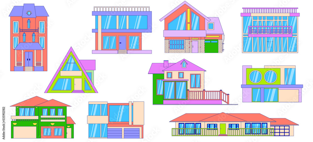 Cottage houses, vector illustration, line art. Facade Design suburban property buildings, one and two-story cottages and townhouses isolated on white. Modern exterior with glass and large windows.