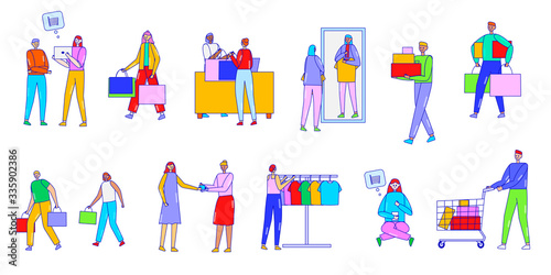 People do shopping, buy on sale, vector illustration, line art. Characters, isolated on white, buy goods in the shop and order in online store, try on clothes in mall. Shop assistant help customers.