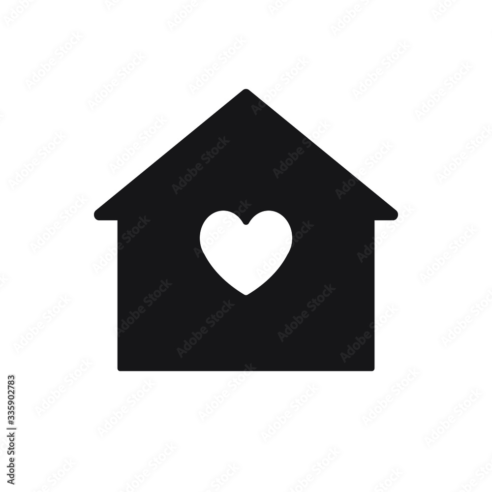 Vector black flat cartoon house silhouette with heart icon isolated on white background