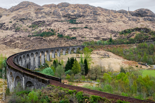 Lovely scene with train viaduct Glenfinnan. Scottish highlands.
