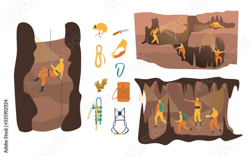 Cave speleology vector illustration. Cartoon flat active speleologist character in adventure, group people climbing, spelunker abseiling with clip equipment. Exploring cave set isolated on white photo