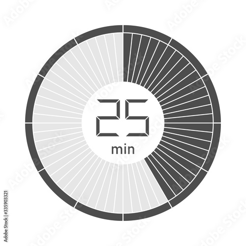 The 25 minutes, stopwatch icon, digital timer. Vector illustration.