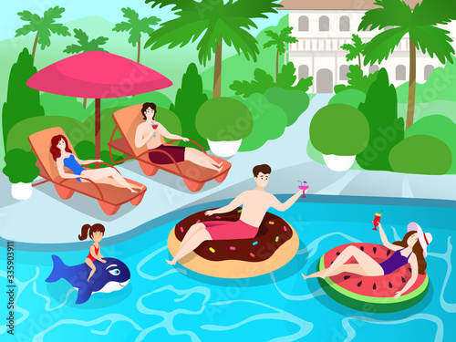 Swimming pool party for family and friends at luxury villa resort, summer vacation vector illustration. Happy people spend time together, enjoy summertime leisure and drink cocktails in swimming pool