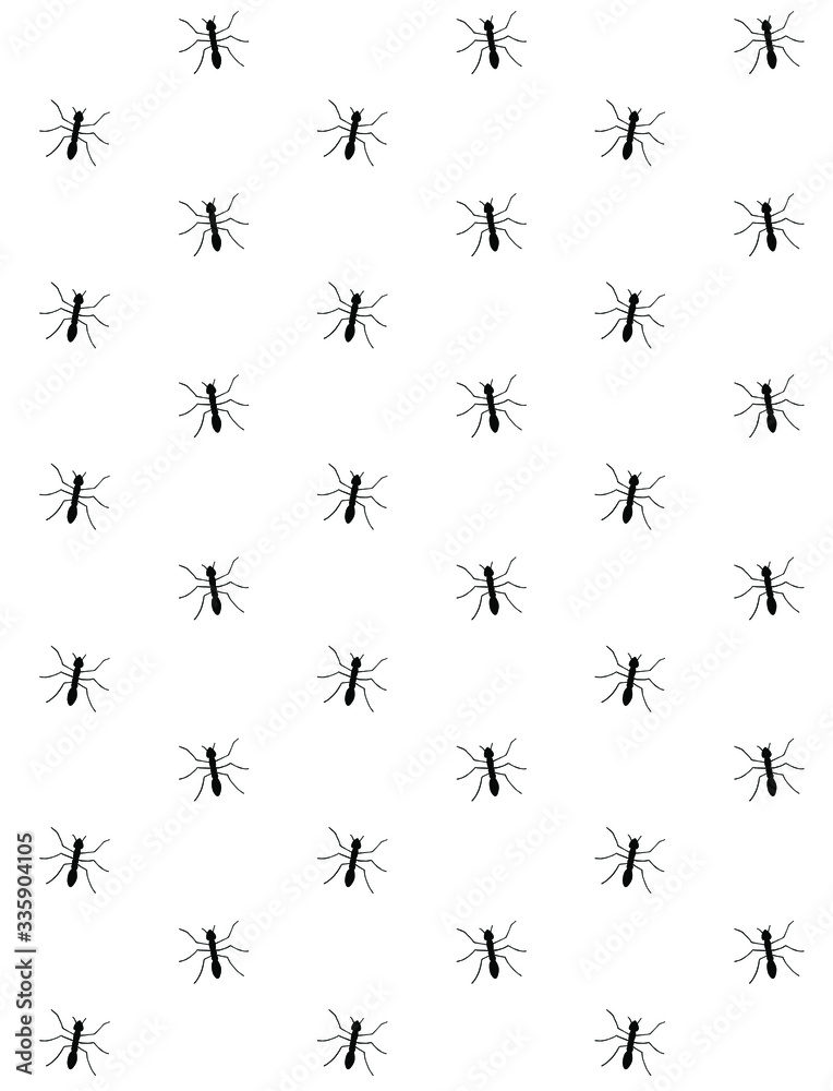 Vector seamless pattern of black sketch ant silhouette isolated on white background
