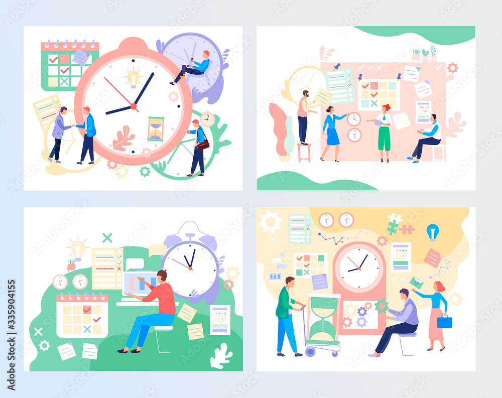 Time management, vector illustration with people work, timetable and alarm clock for business and educational projects, flat style. Time planning, deadline for startup, teamwork and effective manager. Time management, vector illustration with people work, timetable and alarm clock for business and educational projects, flat style. Time planning, deadline for startup, teamwork and effective manager.