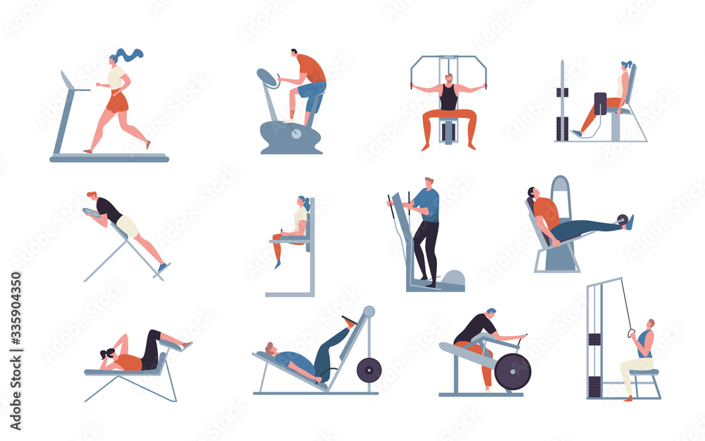 Exercise machines for gym, vector illustration. People training at fitness club, do sports using sports equipment, bodybuilding and workout, flat style. Set of characters isolated on white.