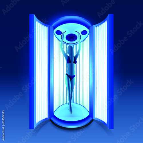 silhouette of slim girl sunbathing in solarium cabin with blue luminous tanning lamps in bikini. Realistic 3d illustration