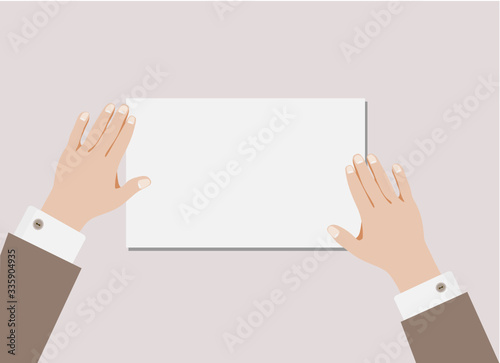 Man’s hands holding a sheet of white paper on a gray background. Flat vector illustration