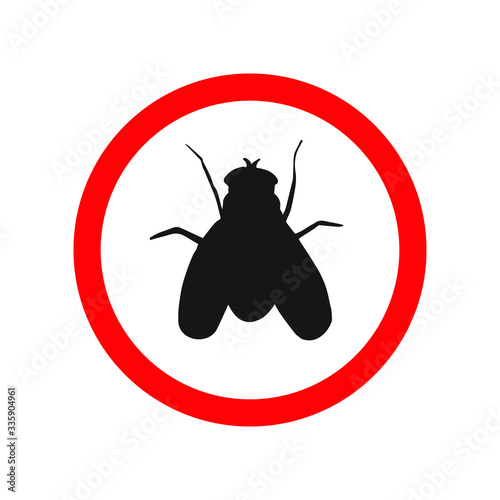 Vector black fly silhouette in red circle isolated on white background. No moth insects sign