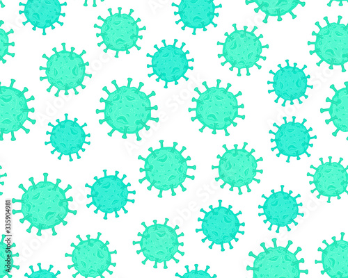 Coronavirus cell. Flu virus texture. Seamless pattern blue color isolated on white background. Vector hand drawn illustration.