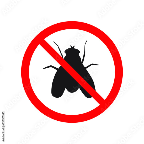 Vector black fly silhouette crossed in red circle isolated on white background. No moth insects sign