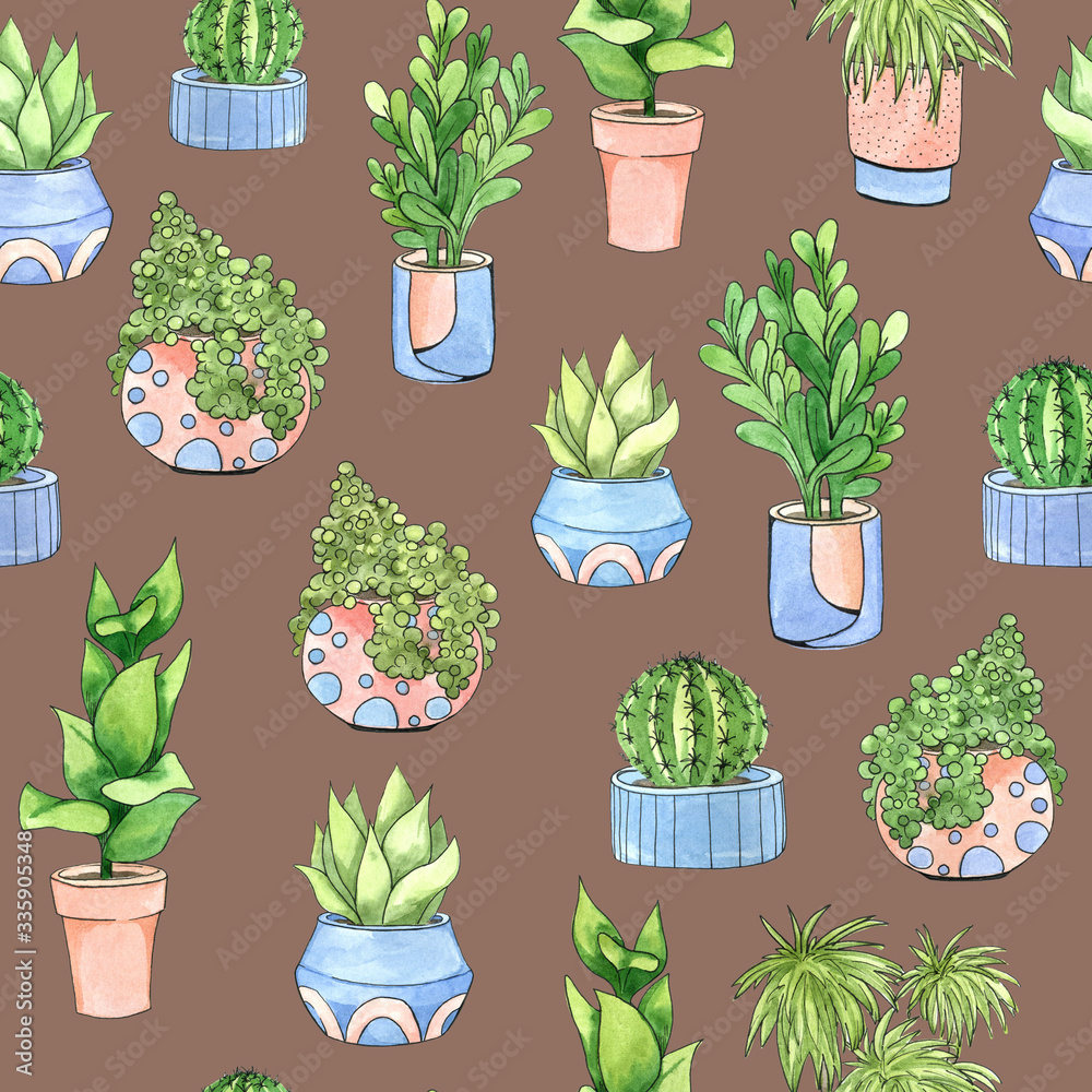 Watercolor houseplants seamless pattern. Background with hand drawn pot plants. Botanical illustration. Seamless pattern with plants. Watercolor houseplants seamless pattern. Background with hand drawn pot plants. Botanical illustration. Seamless pattern with plants.