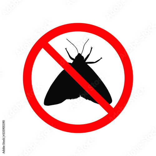 Vector black moth silhouette crossed in red circle isolated on white background. No moth insects sign photo