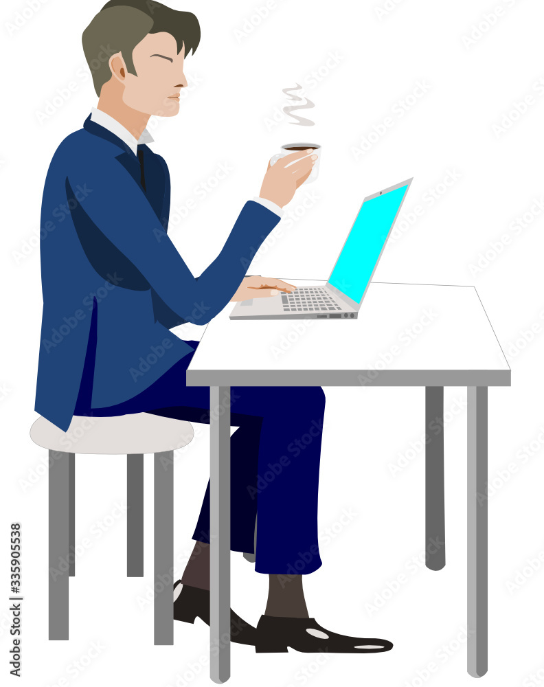 Vector illustration of man sitting at a table with a laptop and a cup of coffee on white background Vector illustration of man sitting at a table with a laptop and a cup of coffee on white background