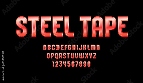 High steel font of reddish style, trendy glossy alphabet, Latin letters from A to Z and Arab numbers from 0 to 9 for you designs, vector illustration 10EPS