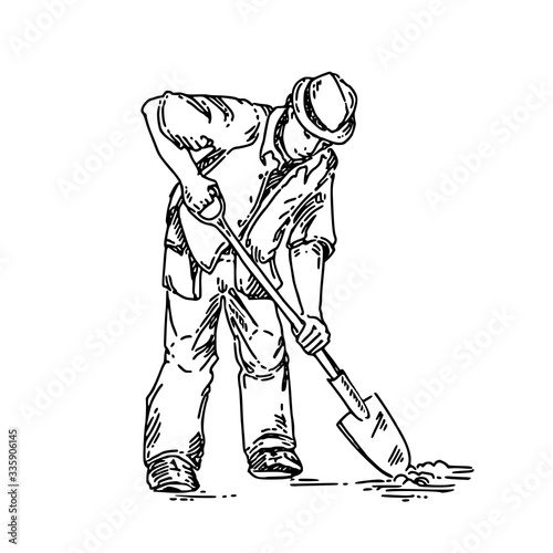Man with shovel digging the ground. Sketch. Engraving sstyle. Vector illustration.