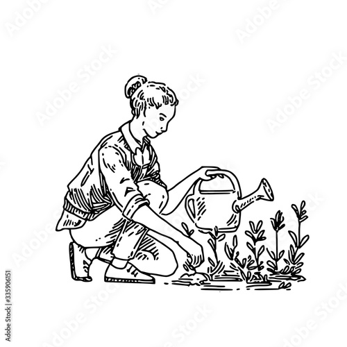 Sitting woman with a watering can takes care of flowers. Sketch. Engraving style. Vector illustration.
