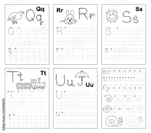 Set of black and white educational pages on line for kids. Learn to trace alphabet letters. Printable worksheet for children textbook. Developing writing skills. Back to school. ABC exercise book.