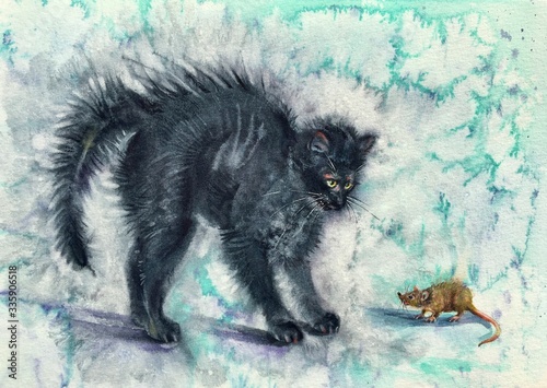 Watercolor cat and mouse. Black cat plays with a mouse. Horizontal view, copy-space. Template for designs , card, wallpaper.