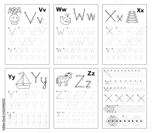 Set of black and white educational pages on line for kids. Learn to trace alphabet letters. Printable worksheet for children textbook. Developing writing skills. Back to school. ABC exercise book.