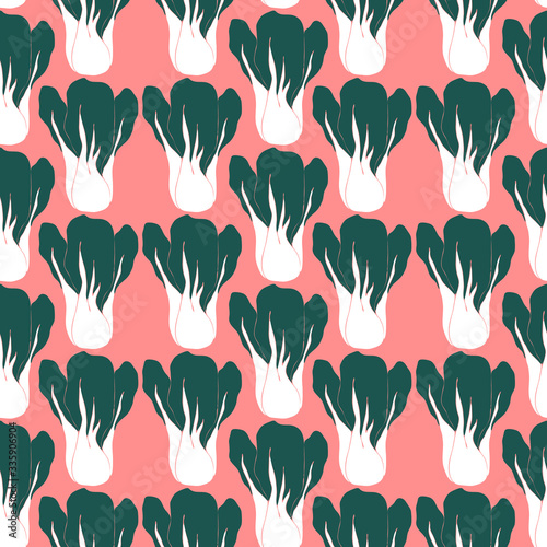 Seamless pattern with bok choi, also pak-choi, Chinese kale. Vegetarian food in modern flat desigh.