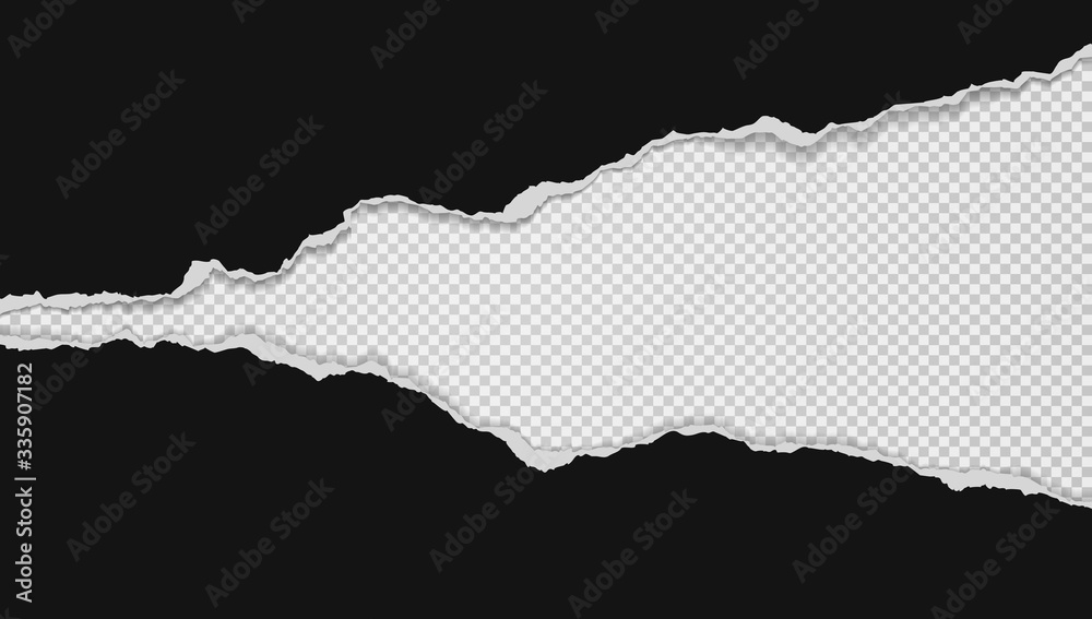 Pieces of torn black horizontal paper with soft shadow stuck on white squared background. Vector illustration