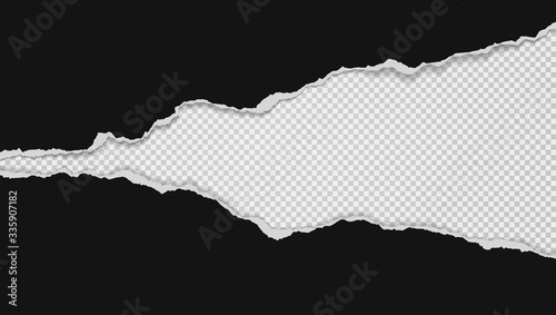 Pieces of torn black horizontal paper with soft shadow stuck on white squared background. Vector illustration