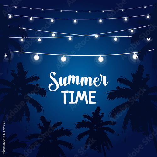 Summer time poster with palm and garlands. Night beach background
