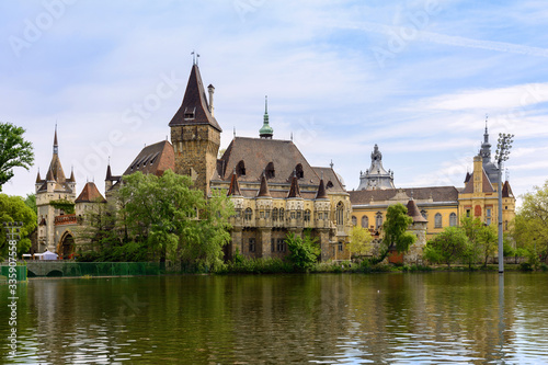 Vajdahunyad Castle in Budapest. The castle is a decoration of Varoshliget park. Vaidahunyad Castle houses the Agricultural Museum.