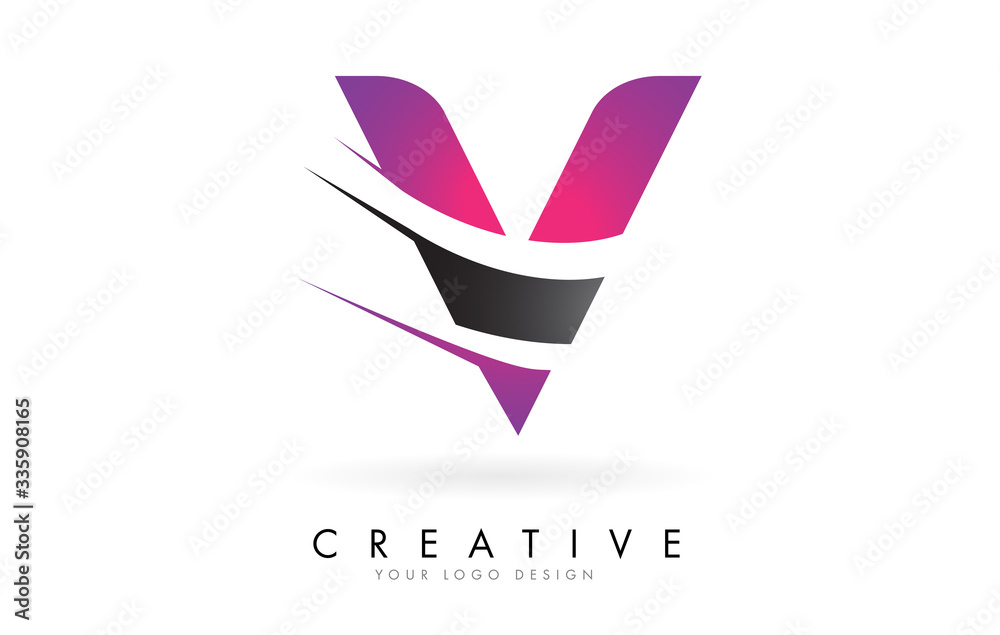 V Letter Logo with Pink and Grey Colorblock Design and Creative Cut. V Letter Logo with Pink and Grey Colorblock Design and Creative Cut.