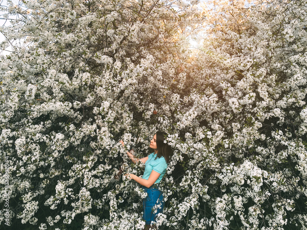 young beautiful brunette woman stands in a big tree of a blossoming apple tree young beautiful brunette woman stands in a big tree of a blossoming apple tree