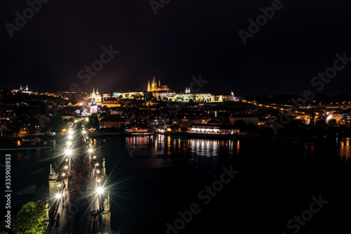 Panoramic View from Charles Bridge of Prague Castle, St Vitus Cathedral across the Vltava River
