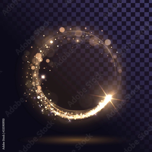A golden flash flies in a circle in a luminous ring, shiny rotation effect with sparks