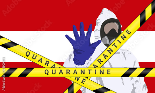 Illustration vector graphic of image man wearing hazmat suits to prevent Coronavirus and diseases on Austria flag background. Vector of yellow quarantine tape. Concept of covid-19 quarantine.